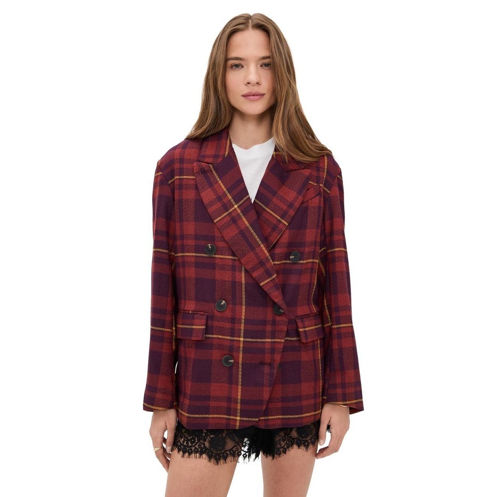 Free People Dean Double Breasted Blazer Burgundy Plum Plaid Herringbone NWOT S